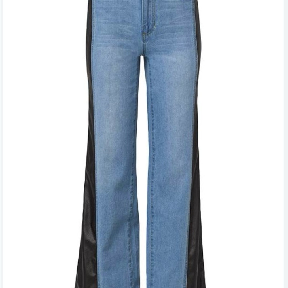 Venus Women’s 10 Blue/Black Jean/faux leather wide leg high rise Denim EUC